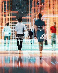 People walk in front of lights