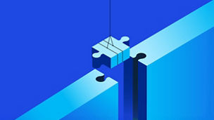 Mergers and acquisitions – illustration of a jigsaw piece being lifted into place by a crane