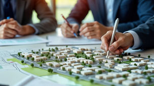 Urban planners meet to discuss city development project. Analyze detailed maps, model. Pro team collaborates on blueprint for new construction. Real estate development strategy under consideration.