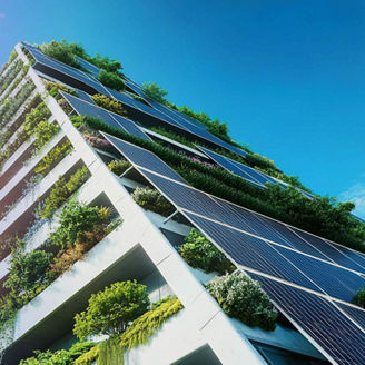 Modern building featuring solar panels and planted terraces