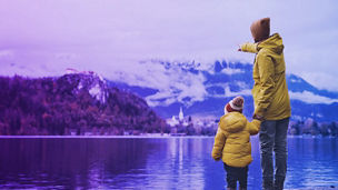 Mother and kid in yellow jacket