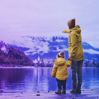 Mother and kid in yellow jacket