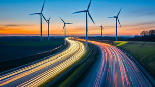 Twilight long exposure of traffic motion on highway with wind turbines and lit infrastructure