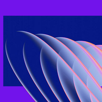 Forma abstracta com espirais suaves em tons de azul, roxo e rosa sobre um fundo em gradiente azul e violeta, com um visual moderno e futurista.