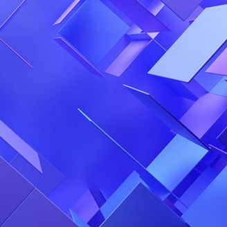 Formas geométricas em 3D em tons de azul e violeta sobre um fundo azul, criando um visual abstrato e tecnológico.