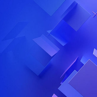 Formas geométricas em 3D em tons de azul e violeta sobre um fundo azul, criando um visual abstrato e tecnológico.