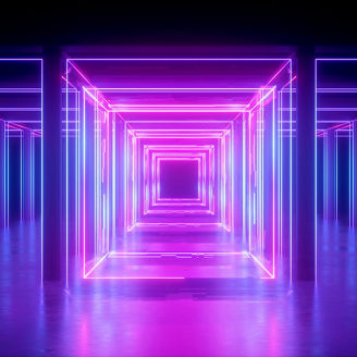 3d render, abstract neon background, pink glowing lines, square shape, corridor, ultraviolet light, virtual reality space