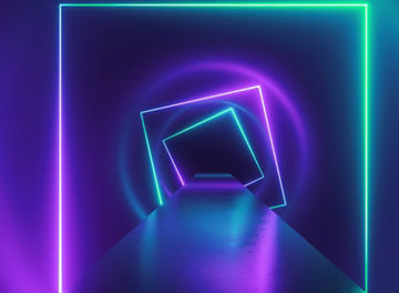 3d render, virtual reality environment, neon light, square portal, tunnel, ultraviolet spectrum, abstract background, laser show, fashion podium, path, way, road, stage, floor reflection