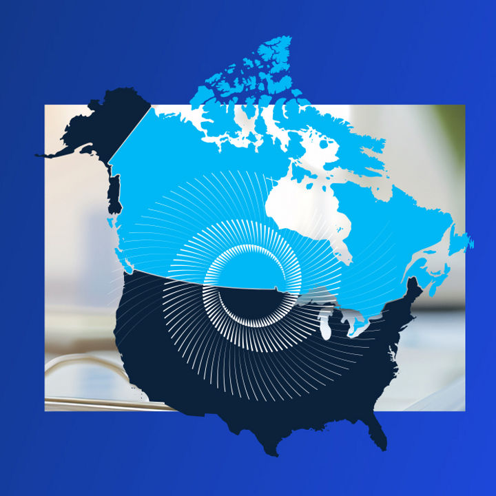 Map of North America with Canada in light blue and swirl graphic banner