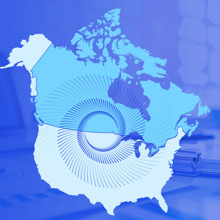 Trade and tariffs map of North America with Canada in light blue and swirl banner