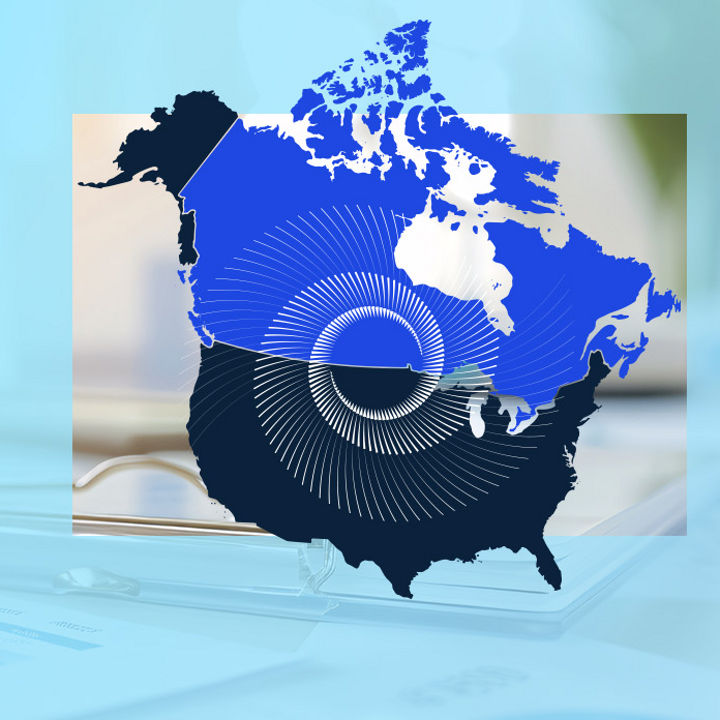 North America map with swirl and Canada blue documents in light blue background banner