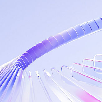 Abstract translucent curved shapes in a circle on light purple background banner
