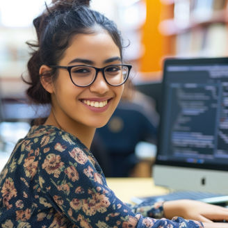 E-Learning and Digital Library - a smiling Indian woman sitting at a table and working on her Mac computer. She is surrounded by numerous books, indicating that she is in a library. The environment appears to be quiet and conducive for studying or working.