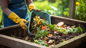 Person wearing gloves throwing food and yard scraps into a residential compost bin. Decomposing organic matter rich in nutrients and beneficial organisms.