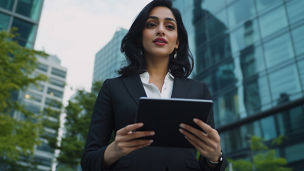 An Indian businesswoman outdoors, checking her tablet screen while standing near a corporate office building, with space for text in the surrounding background.