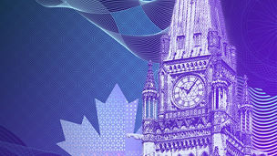 Peace Tower with layered Canadian graphic patterns