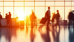 Silhouettes of travelers moving through a sunlit airport terminal, creating a dynamic panorama of modern mobility and global connectivity.