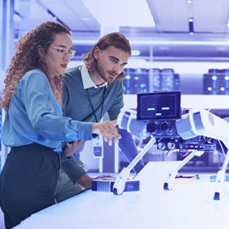 people discussing in lab banner