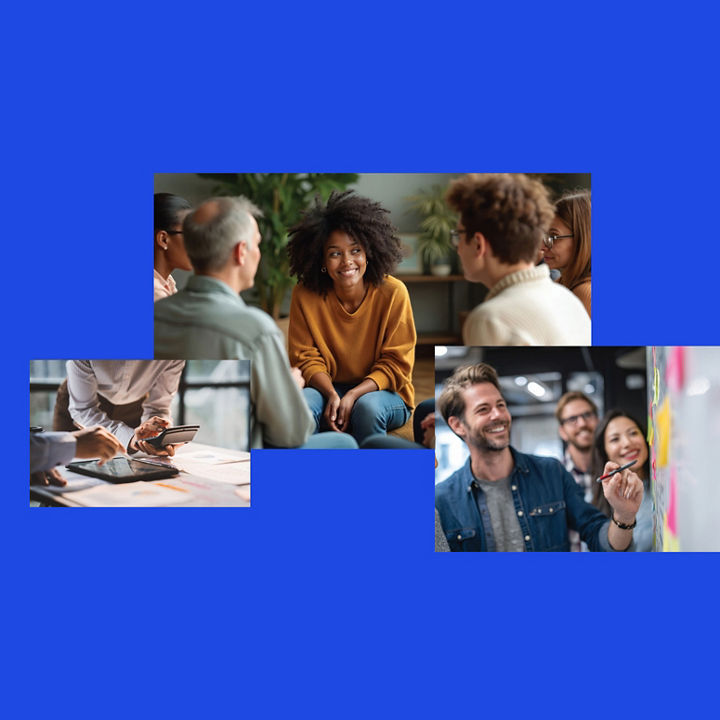 Group of people seated in a circle, engaged in a collaborative discussion collage image.