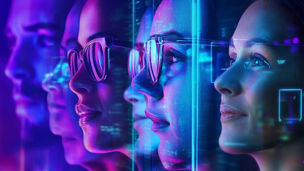 Side profiles of multiple people overlaid with digital data patterns and neon blue and purple lighting