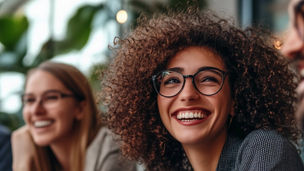Four people smiling in an indoor office space
