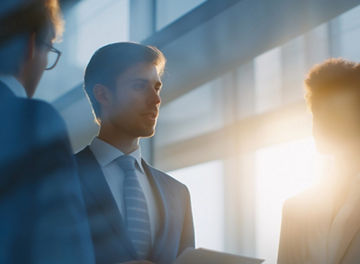 People in business attire in discussion, stood in front of office windows