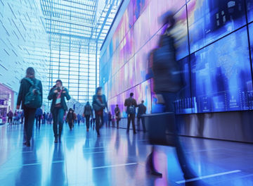 Fast movement and blurred business people in A bustling corporate lobby with business professionals networking, exchanging ideas beside a digital interactive wall displaying real-time market analytics