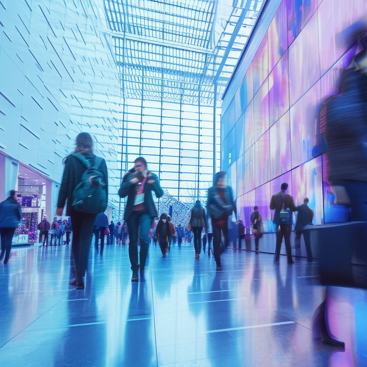 Fast movement and blurred business people in A bustling corporate lobby with business professionals networking, exchanging ideas beside a digital interactive wall displaying real-time market analytics