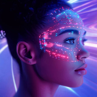 A close up of a person looking ahead with bright purple and pink colours in the background