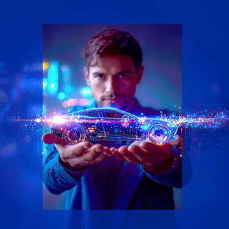 Person holding a holographic car with a futuristic digital background banner
