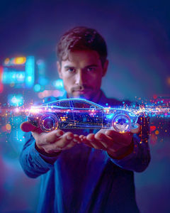 Person holding a holographic car with a futuristic digital background
