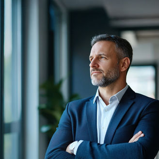 Person in a suit standing by a window