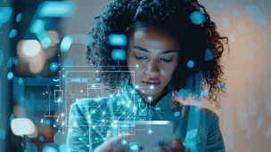 Person using a digital device with data visualisations and network connections overlaid on the screen