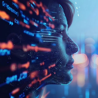 A side-profile portrait of a person with a digital data overlay against a blue bokeh background.