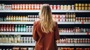 Person standing in a supermarket aisle facing shelves filled with bottles and packaged goods