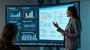A person standing presenting data on a wide screen