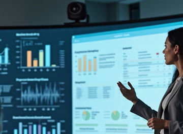A person standing presenting data on a wide screen