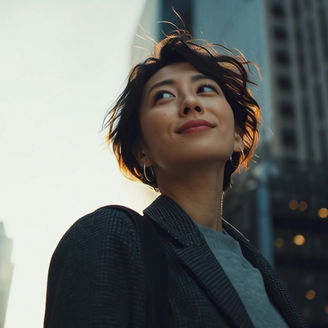 Person standing outdoors in a city with tall buildings