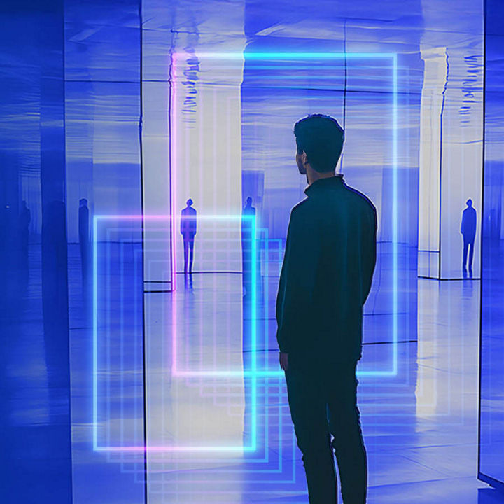 Person surrounded by mirrors