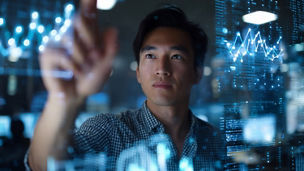 A person touching a visualisation of data in front of them