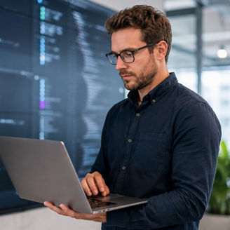 Person using a laptop in front of code displays.