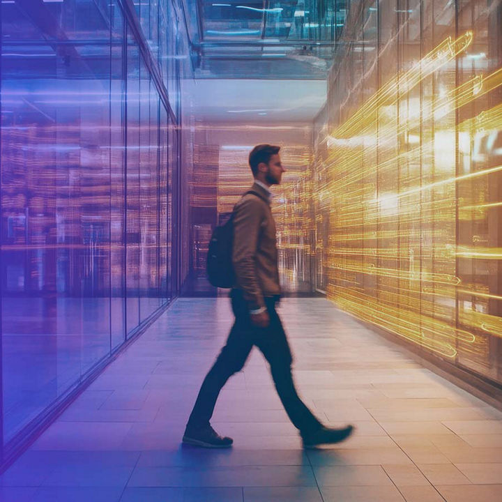 Person walking through digital corridor