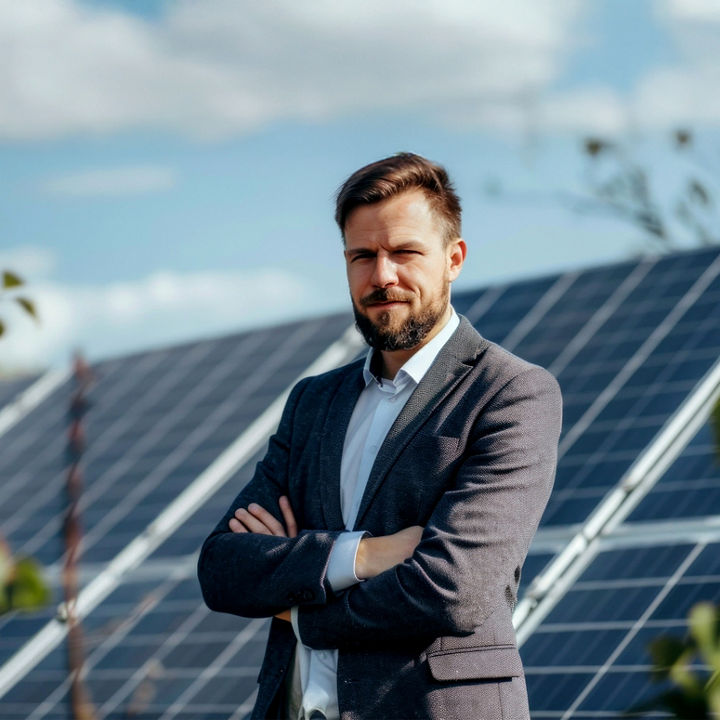 Mężczyzna stojący przed panelem fotowoltaicznym
