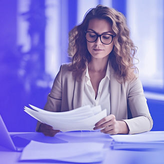 Kobieta siedząca przy biurku przeglądająca dokumenty