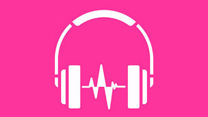 Weißes Kopfhörer-Symbol mit Schallwellen auf pinkem Hintergrund.