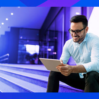Man reviewing documents in a modern office, with a blue background and abstract wavy shapes in shades of purple and blue.