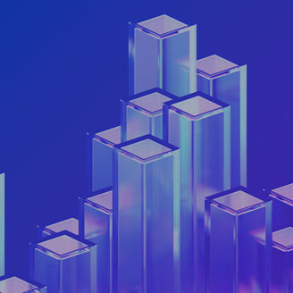 Abstract with a blue background and crystals rising like towers in a cluster