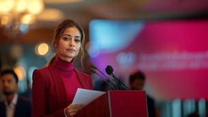 A chic Indian female manager in a light red turtleneck speaks confidently at a podium, exuding professionalism and elegance in a modern corporate setting.