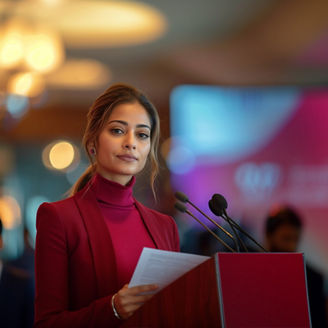 A chic Indian female manager in a light red turtleneck speaks confidently at a podium, exuding professionalism and elegance in a modern corporate setting.