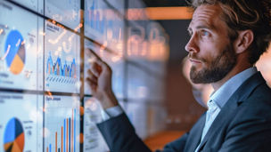Homem a visualizar e a interagir com quadros de dados em gráficos